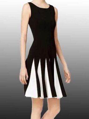 Tommy Hilfiger Black & White Pleated Fit-and-Flare Dress